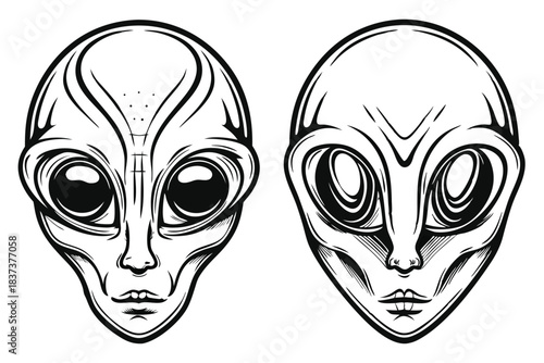 Extraterrestrial Portrait Symmetrical Alien Heads with Large Eyes and Elongated Skulls