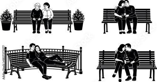 Romantic couples sitting on benches in various affectionate poses across life stages, black and white vector illustration for relationship themes.