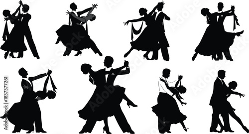 Black Silhouette Set of Ballroom Dance Couples in Formal Attire, Performing Waltz, Tango, and Foxtrot in Elegant and Dynamic Poses.