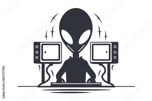 Isolated monotone of Alien silhouette with vintage computers and birds
