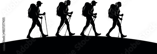 Silhouette of Four Hikers Trekking Uphill with Backpacks and Walking Poles on Mountain Trail Adventure in Nature Landscape Scene