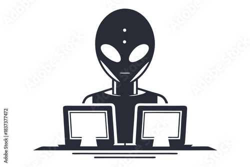 Cartoon Alien Behind Two Computers Illustration, Monochrome Extraterrestrial Figure 85