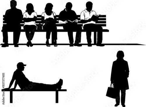 Silhouette people sitting and standing in urban park scene, public bench activity, minimalist black and white vector illustration for lifestyle themes