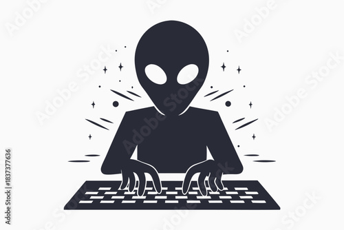 Minimalist Silhouette of Alien Typing on Keyboard | Space, Extraterrestrial, Technology