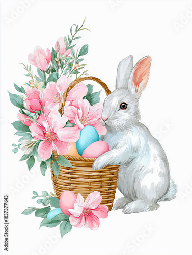 Cute bunny sitting in a woven basket filled with blue eggs and delicate flowers, creating a charming springtime illustration
