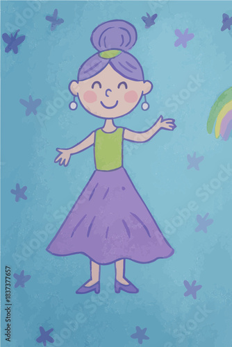 Cute Childlike Drawing of a Girl in Colorful Dress – Whimsical Kids Art vector Illustration