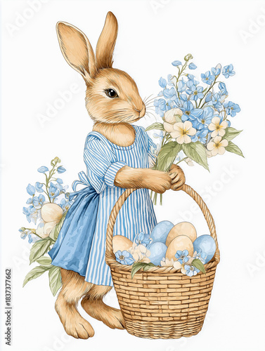 Cute bunny sitting in a woven basket filled with blue eggs and delicate flowers, creating a charming springtime illustration