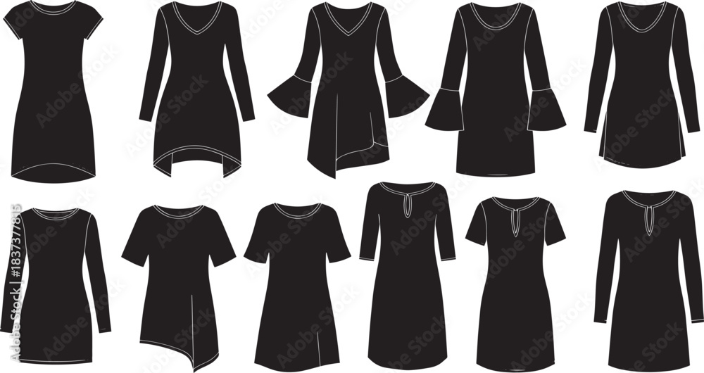 Naklejka premium Elegant Black Vintage Dress Silhouette Set for Fashion Designers, Crafters, Print Projects and Digital Artwork