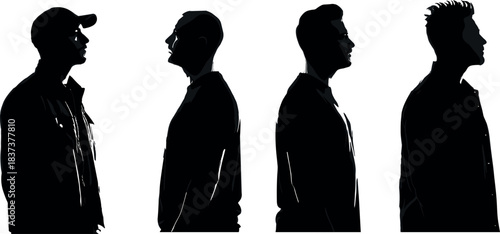 Silhouetted male profiles in black and white showcasing diverse hairstyles, fashion styles, and urban character in minimalist vector illustration.