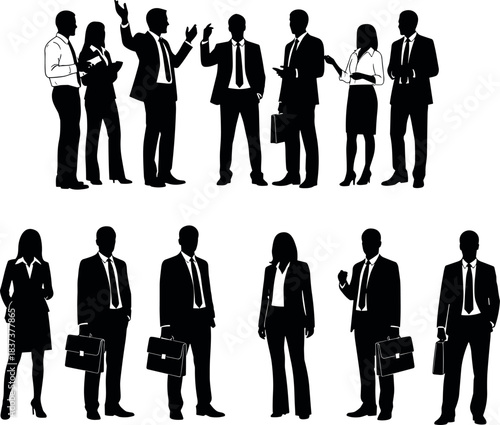 Silhouettes of diverse business professionals in formal attire interacting and standing independently, ideal for corporate, teamwork, and office concepts.