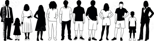 Silhouettes of diverse people standing together representing age, gender, lifestyle, fashion, unity, family, community, generation, culture, and inclusion.
