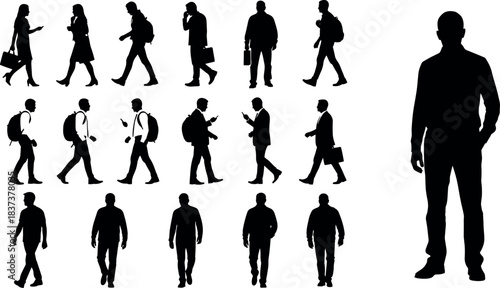 Silhouettes of diverse people walking and standing with bags, phones, casual and business postures for urban design concepts