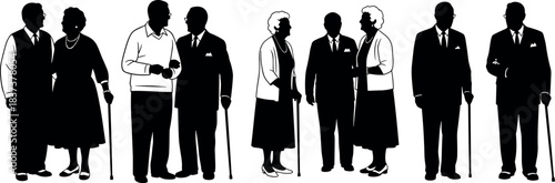 Silhouettes of Elderly Couples Standing Together with Canes in Formal Attire Representing Aging, Caregiving, Senior Lifestyle and Companionship