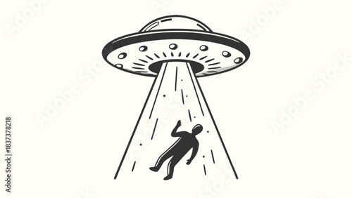 UFO Abduction Silhouette of Man Lifted by Alien Spaceship with Beam of Light