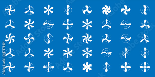 Airplane propellers with dynamic swirl motion. Vector silhouette icon for aviation, drone mechanics, and transport aeronautical themes