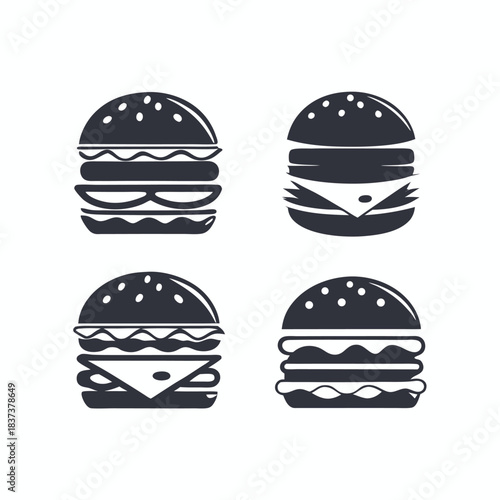 Monochrome burger icons set; different patties, cheese, lettuce, sauce fast food