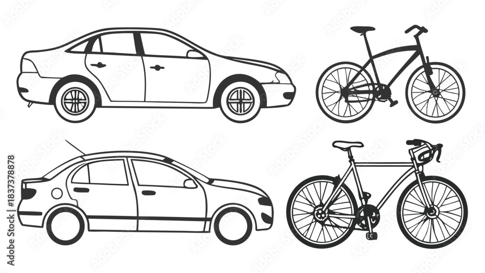 Fototapeta premium Car and Bicycle Outline Vector Set, Minimal Transport Silhouette Illustrations Line Art