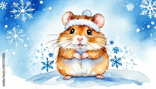 Simple watercolor hamster surrounded by soft snowflakes, artistic gentle card