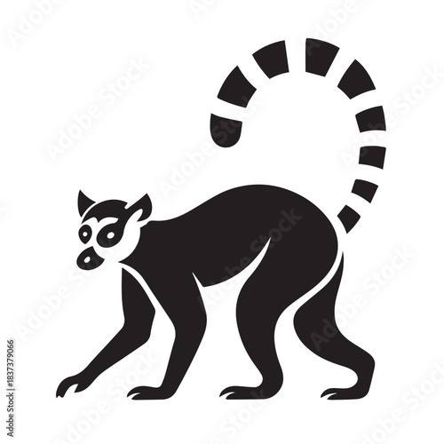 Black and white silhouette of a ring-tailed lemur walking with curved, banded tail and expressive stance.
