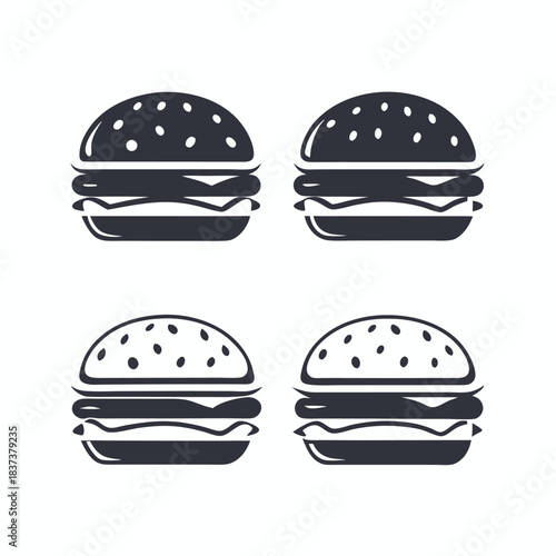 Four Black and White Hamburger Icon Set, Stacked Burger with Sesame Seed Buns Art