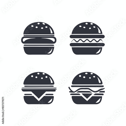 Minimalist Burger Icons Flat Design, Monochrome Fast Food Symbols on White Backdrop