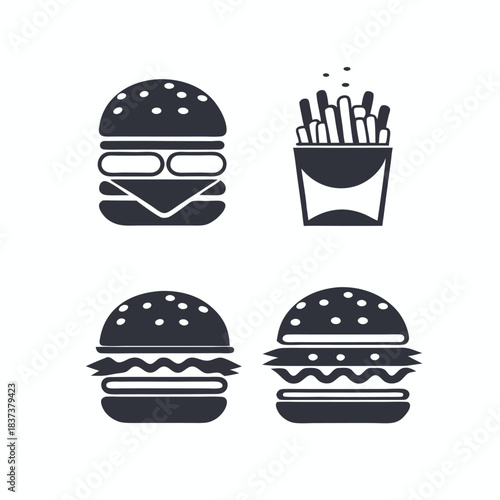 Monochrome Hamburger and Fries Icons Set. Fast Food Restaurant Silhouette. Minimalist