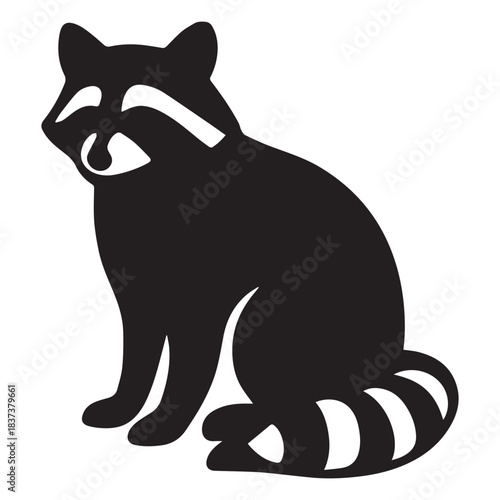 Black silhouette of a raccoon sitting upright with curled tail, facial mask, and ringed tail accents.