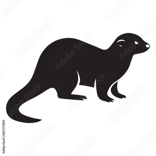 Black silhouette of an otter standing upright with curved body, extended tail, and head facing right.