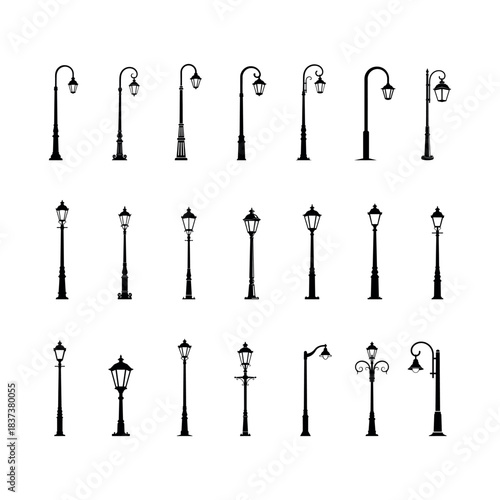 Collection of vintage street lamp silhouettes in solid black vector style on a clean white background