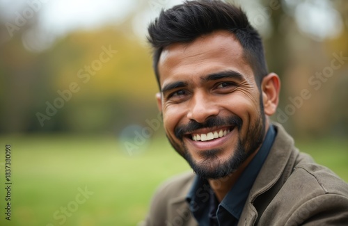 Hispanic man portrait in the park with a cheerful expression. Happy male person with a beard smiling widely outdoor. Attractive guy with a confident face enjoying the sunny day.