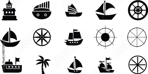 Black nautical icons set featuring ships lighthouse and ship wheels