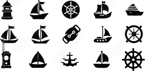 Nautical icons set including ships lighthouses and maritime elements