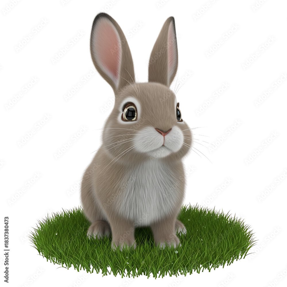 Fototapeta premium Cute bunny rabbit sitting on a green grass isolated on black background