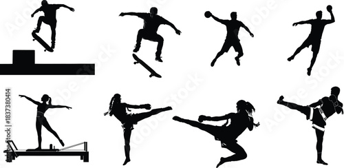 Dynamic silhouettes of athletes performing extreme sports and martial arts