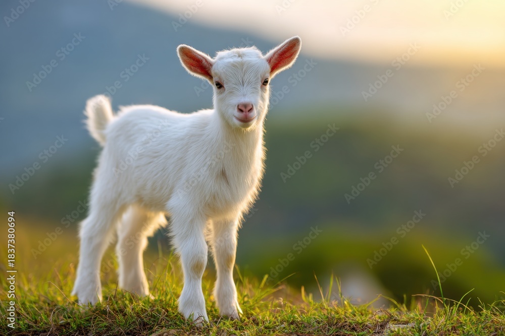 Fototapeta premium Young baby goat standing on grassy hill, surrounded by lush greenery, basking in warm sunlight, showcasing the beauty of nature and playful innocence in a serene landscape