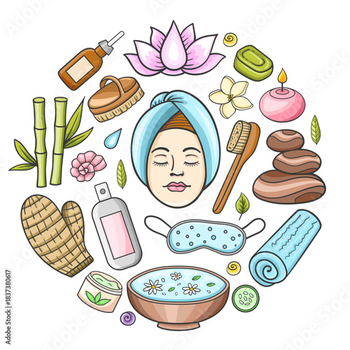 SPA and massage salon concept, aromatherapy oils, candles and body care soap.  Vector illustration