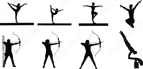 Silhouettes of athletes in various dynamic sports poses and actions