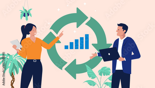 Business team discussing circular economy, sustainability strategy, and growth with cyclical arrows and a bar chart, flat design vector illustration for environmental and corporate responsibility