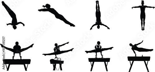 Silhouettes of gymnasts performing various skills and poses