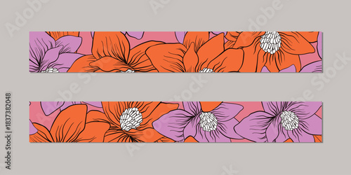 Vector illustration of a set of decorative ribbon stripes. Masking tape, satin or corsage, grssgrain tape, adhesive tapes for frames, scrapbooking. Packing patterned ribbons with foral ornament.