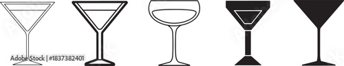 Cocktail Glass Icon Set – Martini, Coupe, and Silhouette Drinkware Designs in Outline, Filled, and Geometric Styles for Bar Menus, Party Graphics, Mixology, and Vector Illustrations