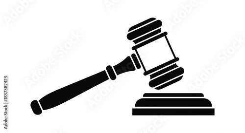 Black and white illustration of a gavel resting on a sound block silhouette
