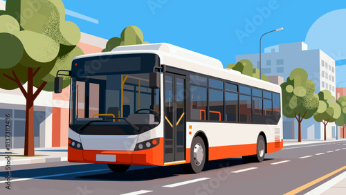 City bus driving on a sunny street surrounded by trees and buildings  