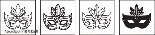 Masquerade Mask Icon Set – Decorative Feathered Carnival Masks in Outline, Detailed, and Solid Silhouette Styles for Party Graphics, Festival Designs, and Vector Illustrations