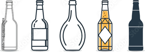 Beer Bottle Icon Set – Outline, Minimal, Decorative Label, Faceted Geometric, and Solid Silhouette Drink Bottle Designs for Bar Menus, Alcohol Branding, Packaging, and Vector Illustrations