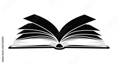 An open book with pages displayed in a dark striking silhouette