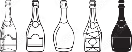 Champagne Bottle Icon Set – Outline, Decorative Label, Faceted Crystal, and Solid Silhouette Designs for Celebrations, Parties, Bar Graphics, Alcohol Branding, and Vector Illustrations