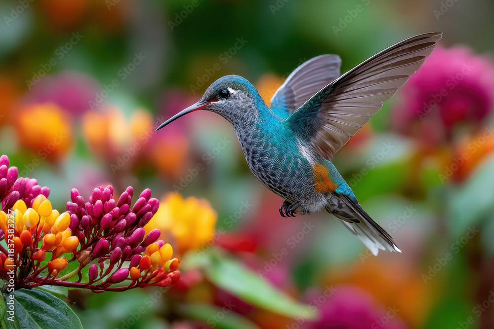 Naklejka premium A Colorful Hummingbird Hovers Near Vibrant Flowers in a Lush Garden