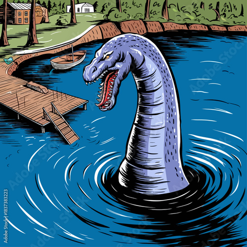 Illustration of a fierce lake monster rising from deep blue water near a quiet wooden dock.