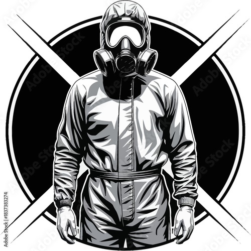 Figure in full hazmat suit and gas mask stands confidently against bold circular hazardous-themed backdrop.